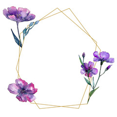 Violet flax. Floral botanical flower. Frame border ornament square. Aquarelle wildflower for background, texture, wrapper pattern, frame or border.