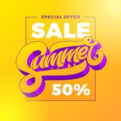 Yellow Summer Sale Banner. 50 Off on a Orange background. Special offer typography. Template for ad, sale banner, Poster, Flyer. Vector illustration.