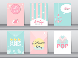 Set of baby shower invitations cards, poster, greeting, template, birthday, Vector illustrations 