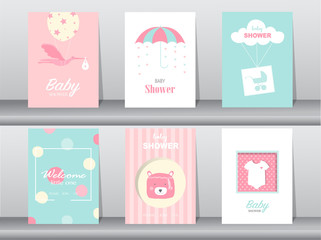 Set of baby shower invitations cards,poster,greeting,template,stork,birthday,bear,Vector illustrations.