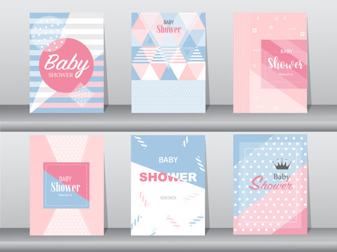 Set of baby shower card on retro pattern design,vintage,poster,template,greeting,Vector illustrations 