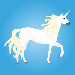 Unicorn, white, realistic unicorn on a blue background.