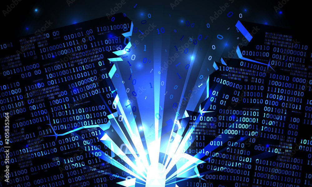 Poster Abstract futuristic cyberspace with a hacked array of binary data, explosion with rays of light, blown-up binary code, matrix background, big data artificial intelligence, well organized layers