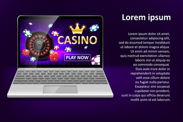 Internet casino marketing template with laptop, dice, poker, roulette wheel and casino chips. Web poker and gambling game banner. Vector illustration
