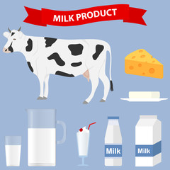 Dairy products, a set of dairy products. Cow, milk, cheese, kefir.