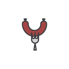 Sausage on fork filled outline icon, line vector sign, linear colorful pictogram isolated on white. Grilled sausage symbol, logo illustration. Pixel perfect vector graphics