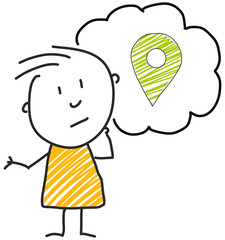stick man standing and thinking bubble expression illustration yellow green location sign