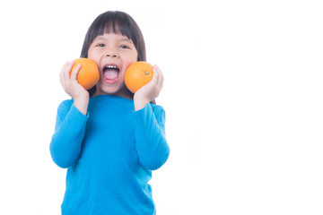 Little girl playing with fresh mandarin fruits