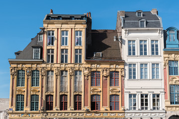 Lille, former facades in the center, beautiful town in the north of France 

