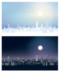 Urban landscape. Cityscape town. Skyline at day time and night time. Vector illustration.