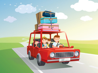 Family road trip. travel by car with kids. Vector, illustration.
