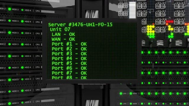 Modern working server room with rack servers. Cloud computing in datacenter, information storage, normal operation of computer equipment with flashing green light indicators. Backward movement