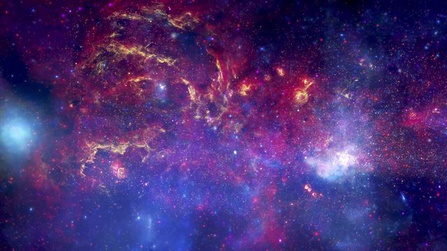Milky way star field, 3D animation with moving stars rotating stars field and light flares explosions. Contains public domain image by NASA
