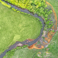 Top view of a narrow, winding river