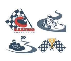 Karting promo emblems with driver in helmet and checkered flag
