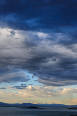 Threatening storm clouds are hanging low over mono lake, near the town of Lee Vining, in the Sierra Nevada mountain range. Sierra Nevadas, Eastern California, USA.