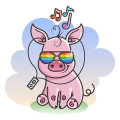Cute cartoon baby pig in a cool rainbow glasses