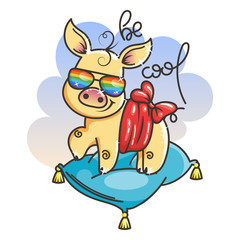 Cute cartoon golden baby pig in a cool rainbow glasses