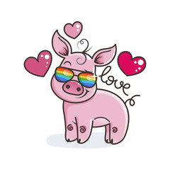 Cute cartoon baby pig in a cool rainbow glasses