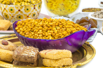 Indian Group of  Diwali and Holi Celebration Food Namkeen, Chivda, Chiwada, Karanji, Namkin, Nimco, Mixture Namkeen, Masala Chana, Gujiya, Chana Chor Garam, Cookies, Biscuits or Mouth Freshner