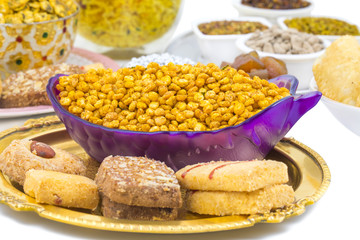 Indian Group of  Diwali and Holi Celebration Food Namkeen, Chivda, Chiwada, Karanji, Namkin, Nimco, Mixture Namkeen, Masala Chana, Gujiya, Chana Chor Garam, Cookies, Biscuits or Mouth Freshner