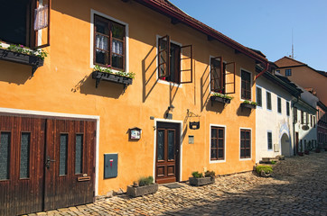 Cesky Krumlov, The Czech Republic: APRIL 29, 2017- Old street in Cesky Krumlov. The historical center of the city in 1992 is listed as a UNESCO World Heritage Site. Czech Republic