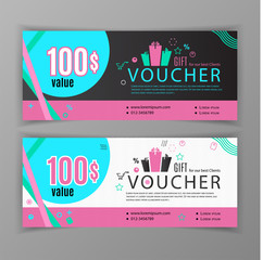 Vector gift voucher template. Universal flyer for business. Pink blue black white design elements. Clean design for stores, pharmacies, medicine, cosmetics. Abstract vector background