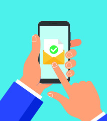 Hand hold phone with envelope document paper sheet  page check mark tick no text icon sign vector illustration. Index pointer finger touch the screen flat design concept isolated on blue background.
