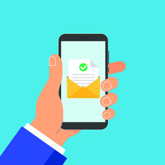 Hand hold phone with envelope document paper sheet  page check mark tick and text icon sign vector illustration. Symbol of email delivery, verification flat design concept isolated on blue background.