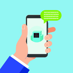 Hand holding black mobile phone isolated on blue background. Smartphone in human's hand with chat bot talk on the screen and popped above chat bubble flat design vector illustration. Chatting concept.