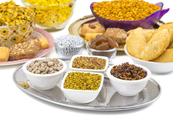 Indian Group of  Diwali and Holi Celebration Food Namkeen, Chivda, Chiwada, Karanji, Namkin, Nimco, Mixture Namkeen, Masala Chana, Gujiya, Chana Chor Garam, Cookies, Biscuits or Mouth Freshner