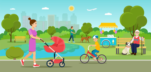 Vector summertime flat illustration. People in the park