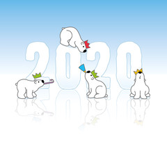 Four Polar Bears around Frozen Year 2020 on Ice