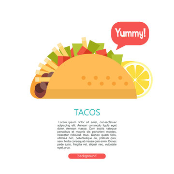 Tacos. Delicious Mexican fast food in corn tortillas.  Vector illustration.