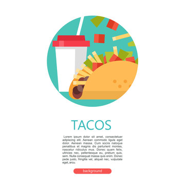 Tacos. Delicious Mexican fast food in corn tortillas.  Vector illustration.