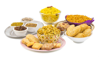 Indian Group of  Diwali and Holi Celebration Food Namkeen, Chivda, Chiwada, Karanji, Namkin, Nimco, Mixture Namkeen, Masala Chana, Gujiya, Chana Chor Garam, Cookies, Biscuits or Mouth Freshner