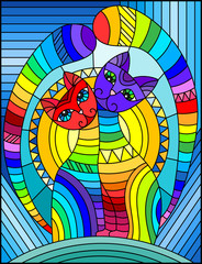 Obraz na płótnie Canvas Illustration in stained glass style with a pair of abstract geometric rainbow cats on a blue background with sun 