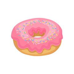 Tasty donut with pink glaze and colorful sprinkles. Delicious and sweet dessert. Flat vector design for promo poster or flyer