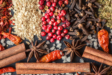     Aromatic Indian spices on a gray slate background.