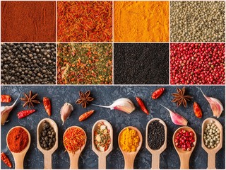 Spice and herbs background, collage of condiments