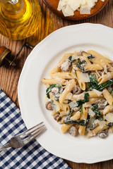 Penne pasta with spinach and mushrooms. Sprinkled with cheese.