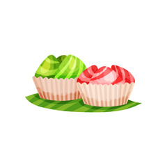Colorful Kue Mangkok, traditional Indonesian steamed cupcakes. Delicious desserts. Flat vectoe element for menu