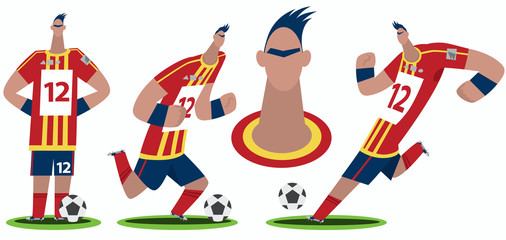 Set of stylized football or soccer player in different situation, stands, runs, kick ball. Front face full body view. Close up portrait. Cartoon style