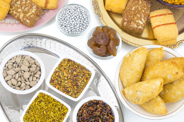 Indian Group of  Diwali and Holi Celebration Food Namkeen, Chivda, Chiwada, Karanji, Namkin, Nimco, Mixture Namkeen, Masala Chana, Gujiya, Chana Chor Garam, Cookies, Biscuits or Mouth Freshner