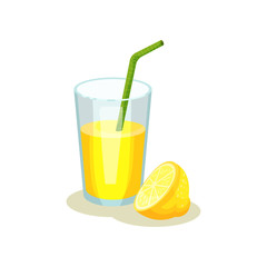 Glass with lemonade and drinking straw, half of fresh lemon. Tasty beverage from sweet citrus fruit. Flat vector element for promo poster