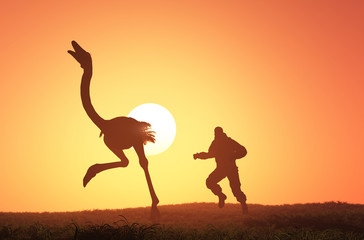 Fototapeta na wymiar A man runs after an ostrich.3d render