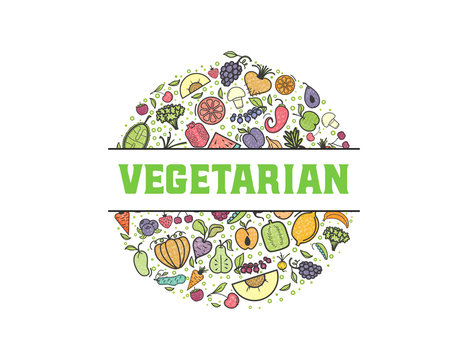 Fruits and vegetables, vegetarian banner, isolated color vector icons.