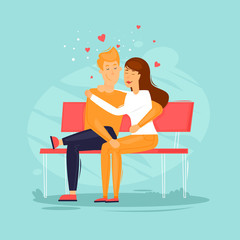 Lovers are sitting on the bench embracing. Flat design vector illustration.
