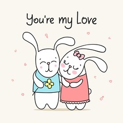 Couple of happy rabbits hugs and smiling. You are my love cartoon flat vector illustration card