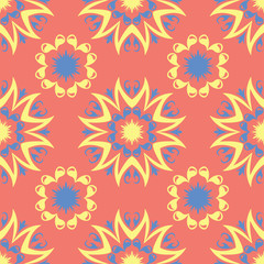 Floral red seamless pattern. Bright colored background with yellow and blue flower elements